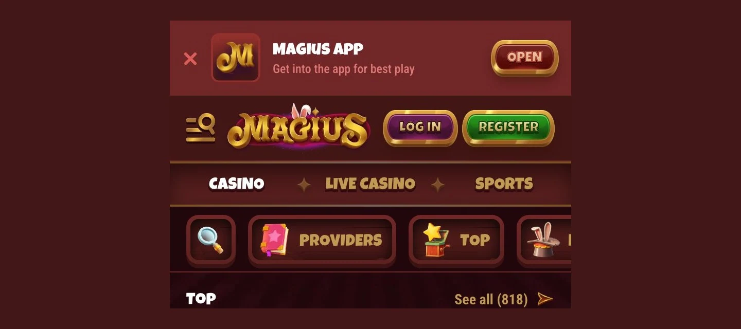 Mobiele versie van Magius met app-banner en spellenmenu